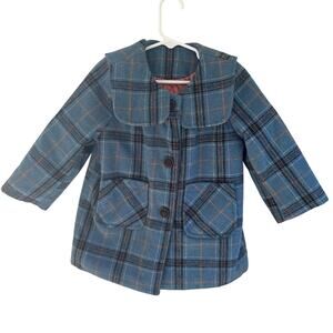 Girls Blue Plaid Wool Coat Button Front Round Collar Size 100 (3T or 4)